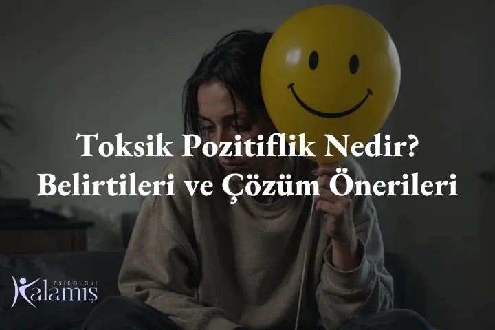 Toksik pozitifliği temsil eden, elinde gülen yüz balonu tutan kişinin psikolojik baskı ve duyguları bastırma temasını anlatan görsel