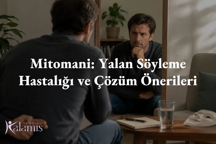 Mitomaniyi temsil eden, yalan söyleme hastalığı ve psikolojik etkilerini anlatan danışma sahnesi görseli